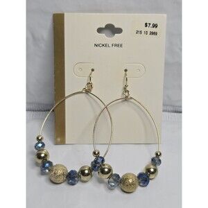 Partially Beaded Round Large Hoop Gold Colored Earrings Fashion Jewelry  Blue